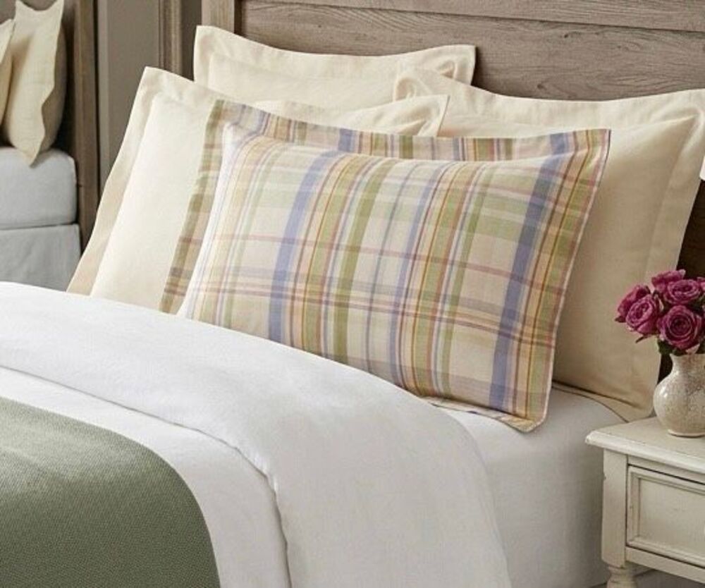 Standard 1 PILLOW SHAM Laura Ashley blue white green PLAID Summer Haven NEW